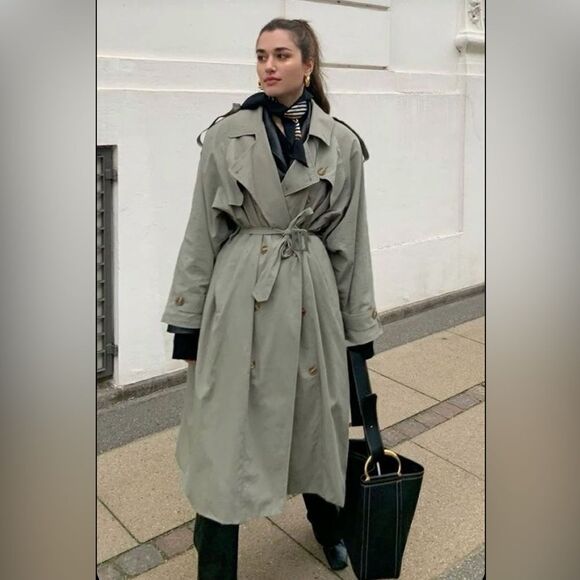 VINTAGE Khaki green oversized trench coat - Picture 5 of 17